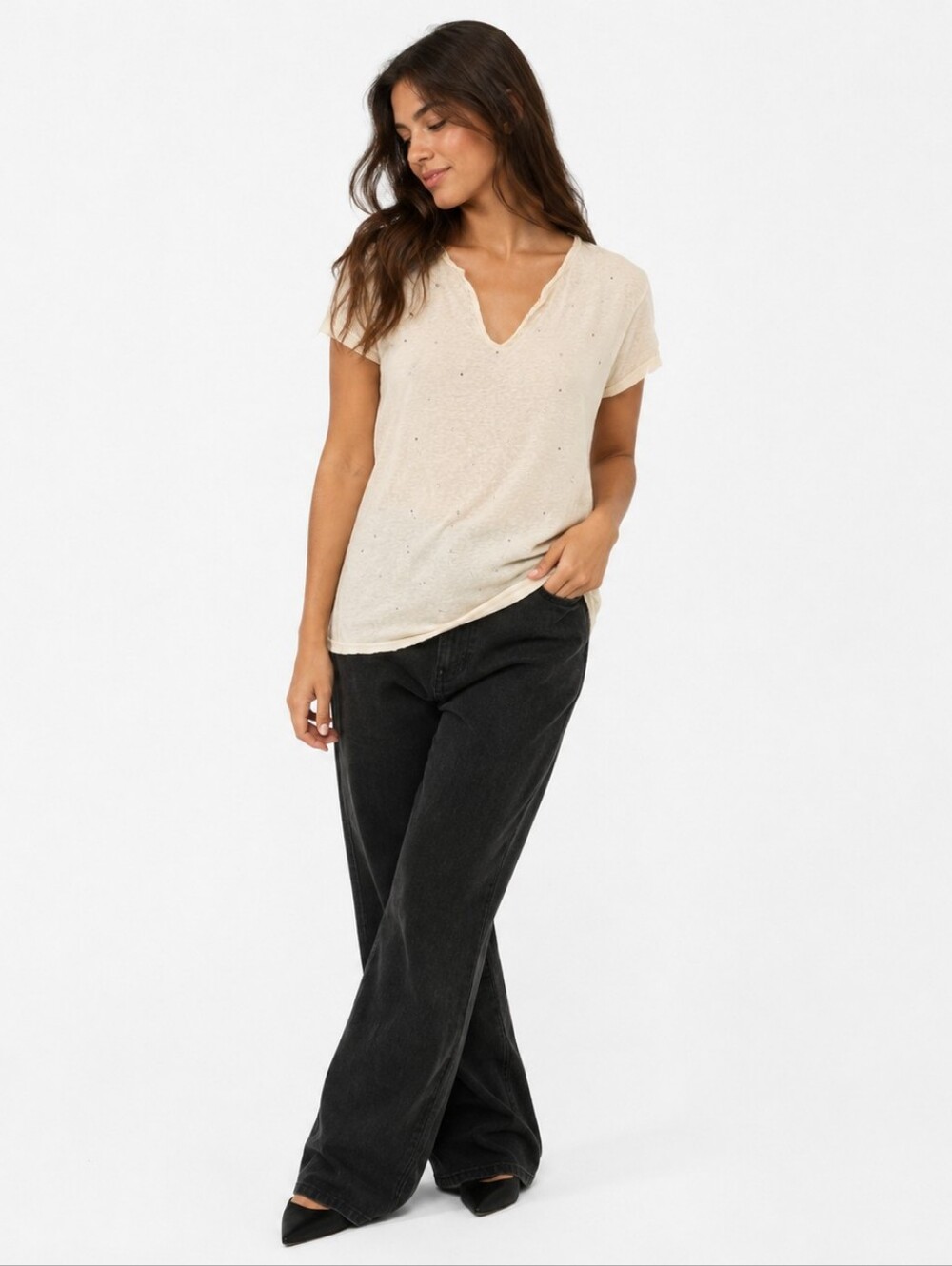 Zadig & Voltaire ($195) Cream Rhinestone Embellished Split Hem Tee Top